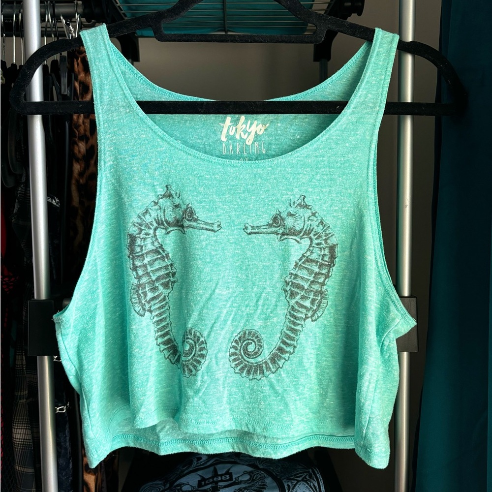 SOLD Tokyo Darling teal seahorse cropped muscle tank